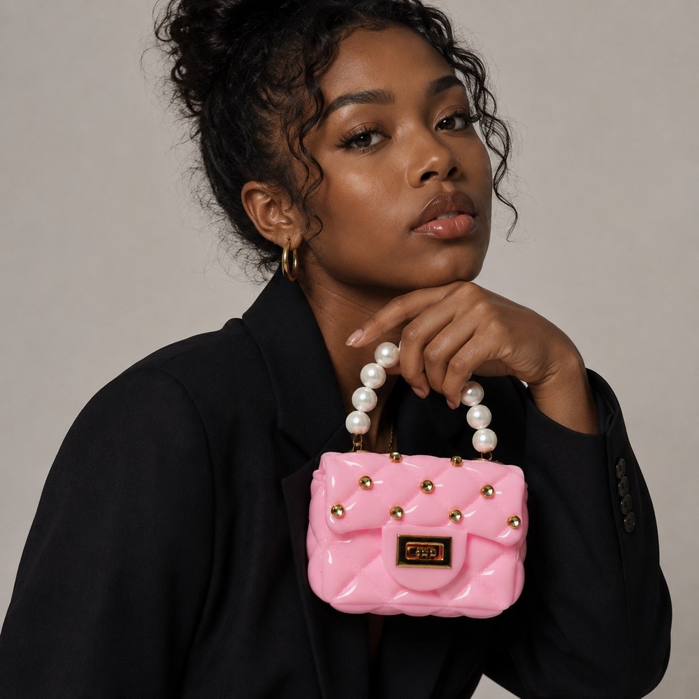Pink Quilted Jelly Mini Bag Pearl Handle Rhinestone Studded PVC Satchel Handbag